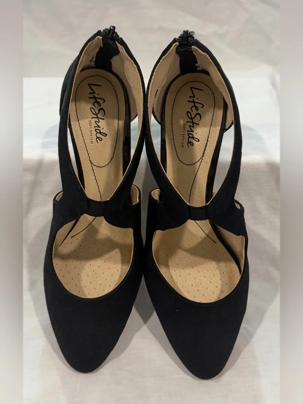 Life Stride Black Suede T-Strap Mid Heel Pumps